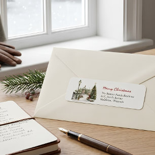 Festive Watercolor Christmas House Scene Return Address Label