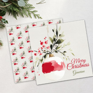 Festive Watercolor Christmas Ornament Red Greenery Holiday Card