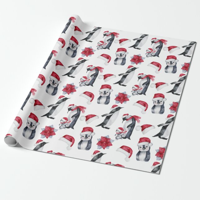 Festive Watercolor Christmas Penguin Wrapping Paper (Unrolled)