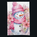 Festive watercolor Christmas pink snowman  Tea Towel<br><div class="desc">Festive watercolor Christmas pink snowman kitchen towel</div>