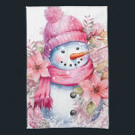 Festive watercolor Christmas pink snowman  Tea Towel<br><div class="desc">Festive watercolor Christmas pink snowman kitchen towel</div>