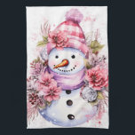 Festive watercolor Christmas pink snowman Tea Towel<br><div class="desc">Festive watercolor Christmas pink snowman kitchen towel</div>