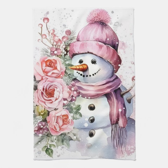 Festive watercolor Christmas pink snowman  Tea Towel (Vertical)