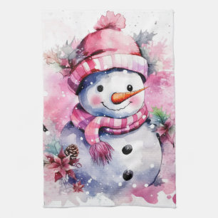 Festive watercolor Christmas pink snowman  Tea Towel