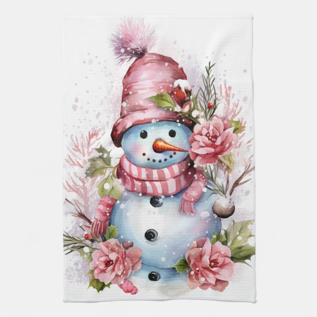 Festive watercolor Christmas pink snowman  Tea Towel (Vertical)