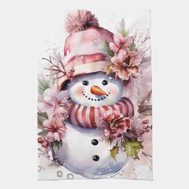 Festive watercolor Christmas pink snowman  Tea Towel (Vertical)