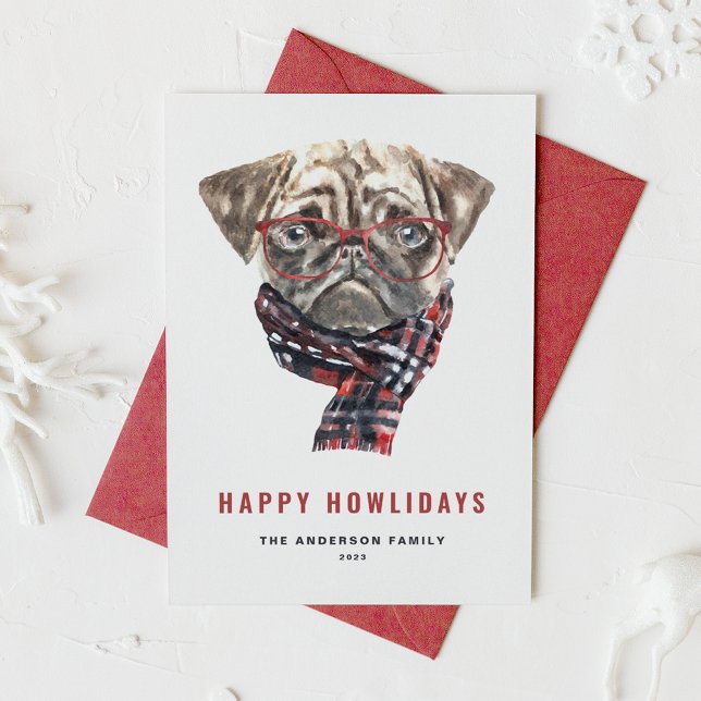 Festive Watercolor Christmas Pug Happy Howlidays Holiday Postcard (Creator Uploaded)
