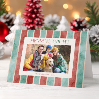 Festive Watercolor Christmas Stripes Photo Holiday Card