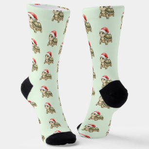 Festive Watercolor Christmas Tortoise Santa Hat Socks