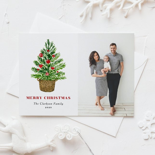 Festive Watercolor Christmas Tree Christmas Photo Holiday Postcard (Creator Uploaded)