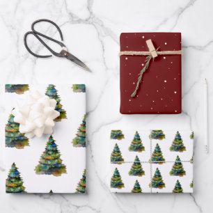 Festive Watercolor Christmas Tree Red Holiday Wrapping Paper Sheet