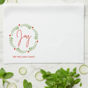 Festive Watercolor Christmas Wreath Personalized Tea Towel