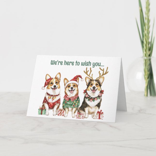 Festive Watercolor Corgi Dogs Christmas Card (Front)