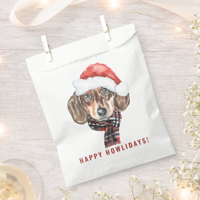 Festive Watercolor Dachshund Santa Christmas Favour Bag (Clipped)