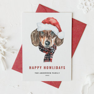 Festive Watercolor Dachshund Santa Happy Howlidays Holiday Card