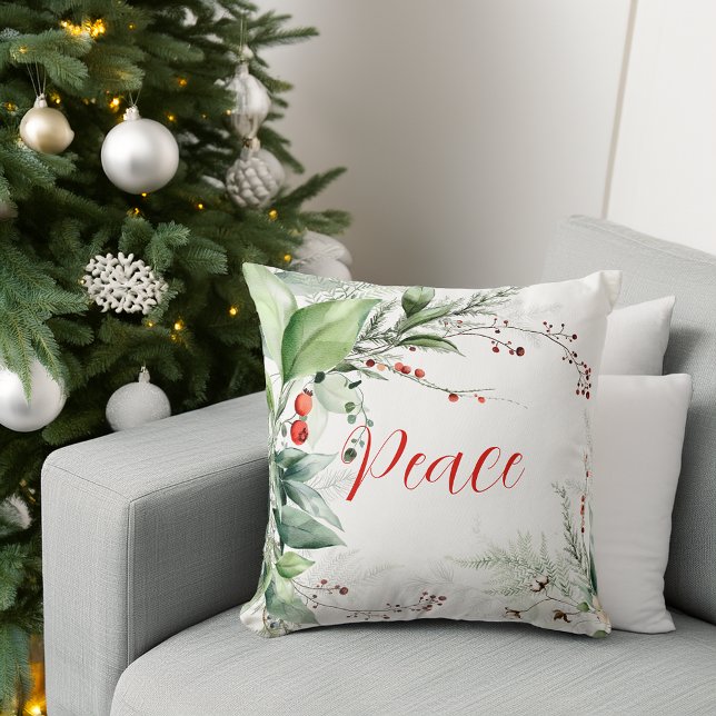 Festive Watercolor Greenery Christmas Peace Cushion (Festive Watercolor Greenery Christmas Peace Throw Pillow)