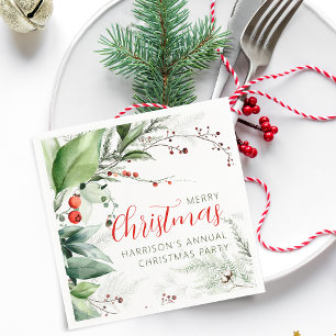 Festive Watercolor Greenery Merry Christmas Napkin