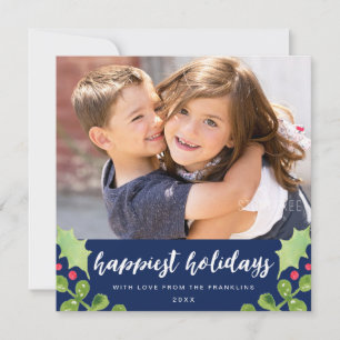 Festive Watercolor Greenery Navy Blue Photo Holiday Card