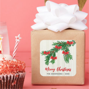 Festive Watercolor Greenery Red Bow Christmas Square Sticker