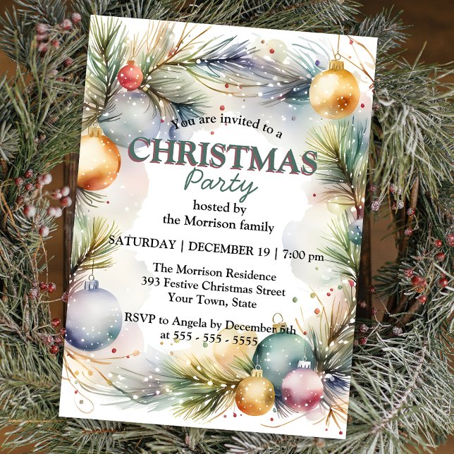 Festive Watercolor Holiday Wreath Christmas Party  Invitation (Creator Uploaded)