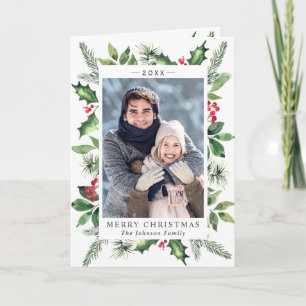 Festive Watercolor Holly Berry Christmas PHOTO Holiday Card