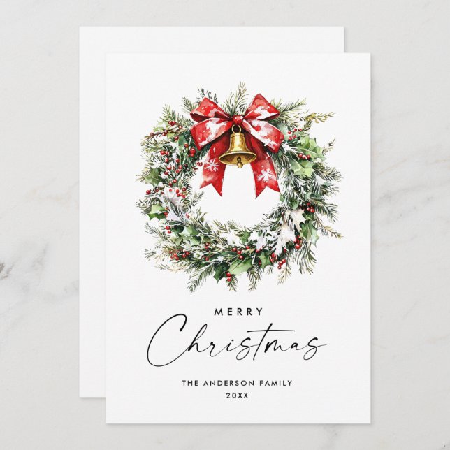 Festive Watercolor Holly Berry Pine Wreath Holiday Card (Front/Back)