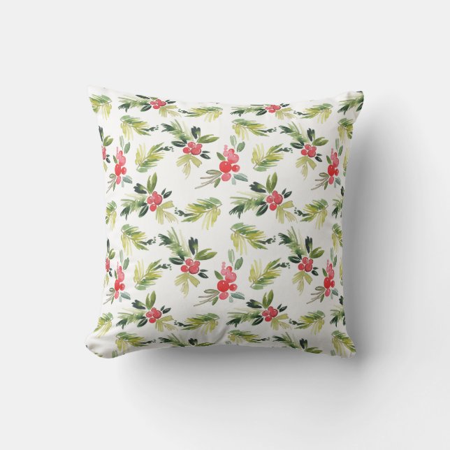 Festive Watercolor Holly Pattern Christmas Cushion (Front)