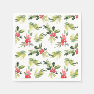 Festive Watercolor Holly Pattern Christmas Napkin