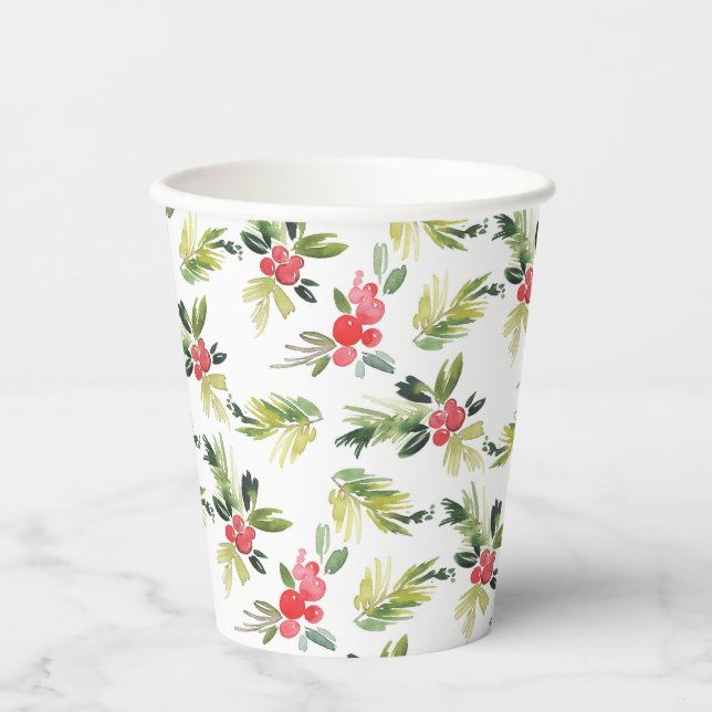 Festive Watercolor Holly Pattern Christmas Paper Cups (Front)