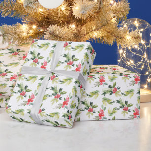Festive Watercolor Holly Pattern Christmas Wrapping Paper