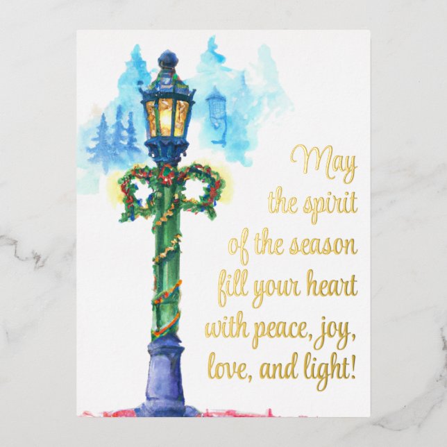 Festive Watercolor Lamp Post Christmas Foil Holiday Postcard (Front)