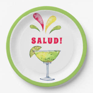 Festive Watercolor Margarita Salud Paper Plate