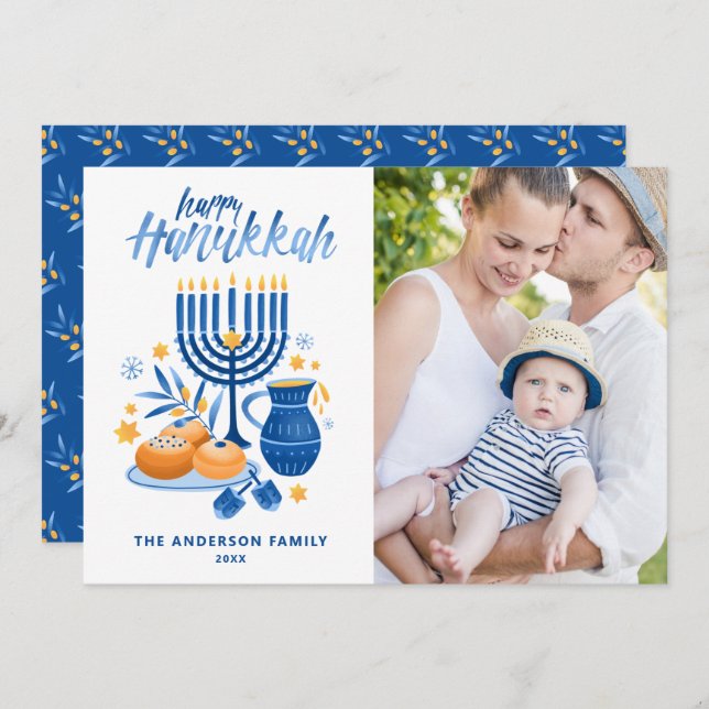 Festive Watercolor Menorah Happy Hanukkah Photo Holiday Card (Front/Back)