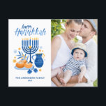 Festive Watercolor Menorah Happy Hanukkah Photo Holiday Postcard<br><div class="desc">Happy Hanukkah! Send Hanukkah wishes to family and friends with this customizable photo postcard. It features watercolor illustrations of Hanukkah symbols such as Hanukkiah or menorah,  sufganiyot,  olives and dreidel. Personalize by adding names and a photo.</div>