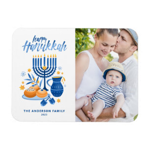 Festive Watercolor Menorah Happy Hanukkah Photo Magnet