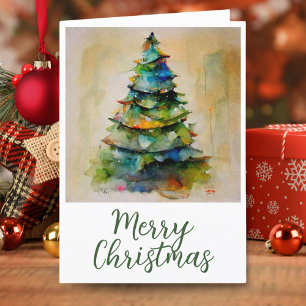 Festive Watercolor Merry Christmas Tree Artistic Holiday Card