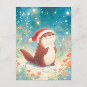 Festive Watercolor Otter Santa Hat Postcard
