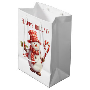 festive watercolor peppermint snowman add text medium gift bag