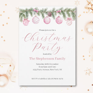 Festive Watercolor Pink Bauble Christmas Party Invitation