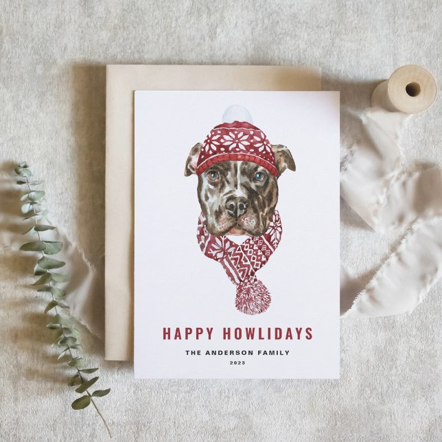 Festive Watercolor Pitbull Happy Howlidays Holiday Postcard (Creator Uploaded)