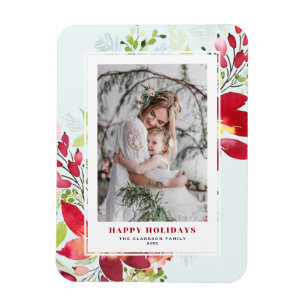 Festive Watercolor Poinsettia Photo Christmas Magnet