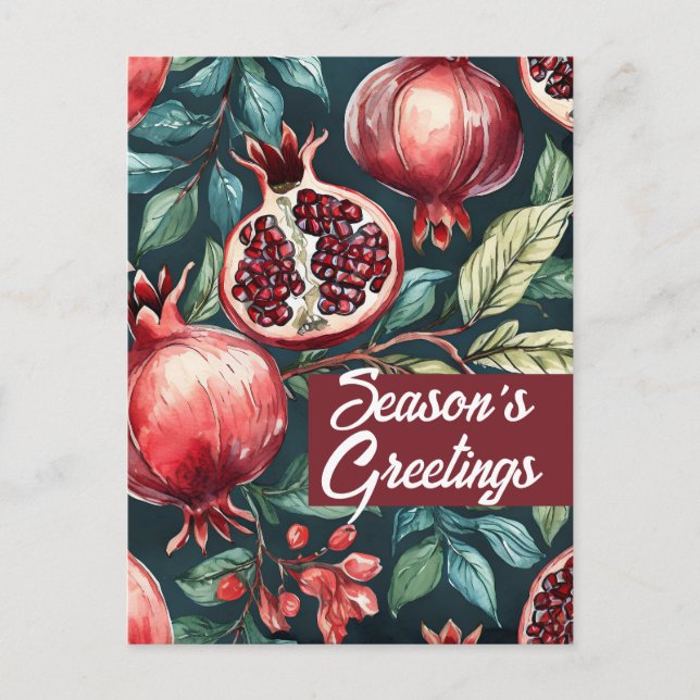Festive Watercolor Pomegranate Fruit and Leaves Holiday Postcard (Front)