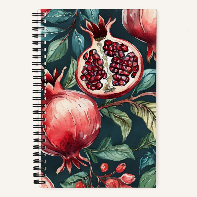Festive Watercolor Pomegranate Fruit and Leaves Notebook (Front)