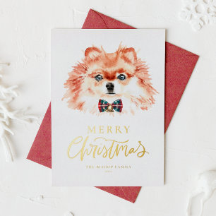 Festive Watercolor Pomeranian Dog Merry Christmas Foil Holiday Card