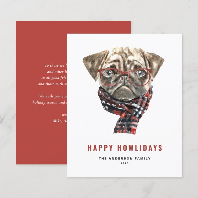 Festive Watercolor Pug Happy Howlidays Card (Front/Back)