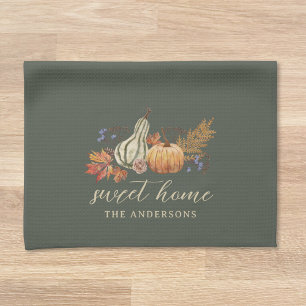 Festive Watercolor Pumpkins Autumn Fall Dark Sage Tea Towel