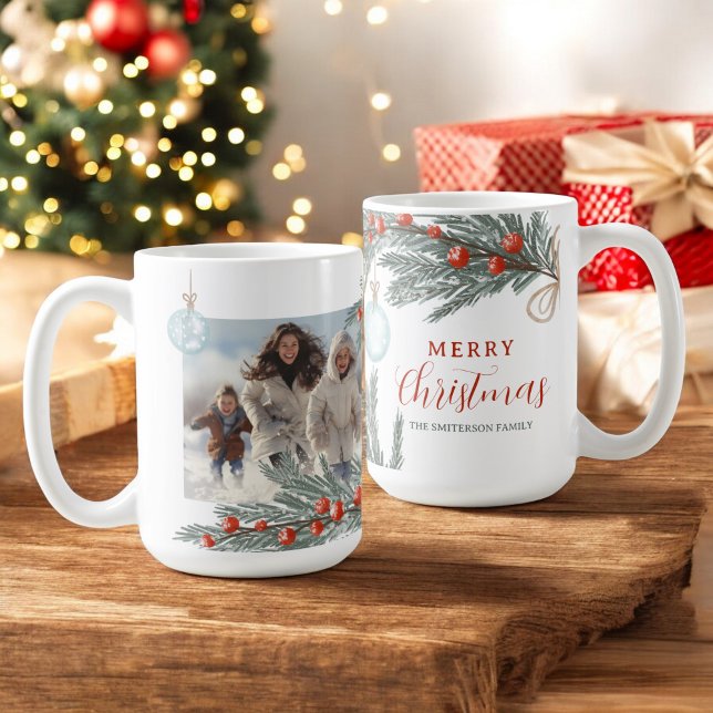 Festive Watercolor Red Green photo Merry Christmas Coffee Mug (Festive Watercolor Red Green photo Merry Christmas Coffee Mug)