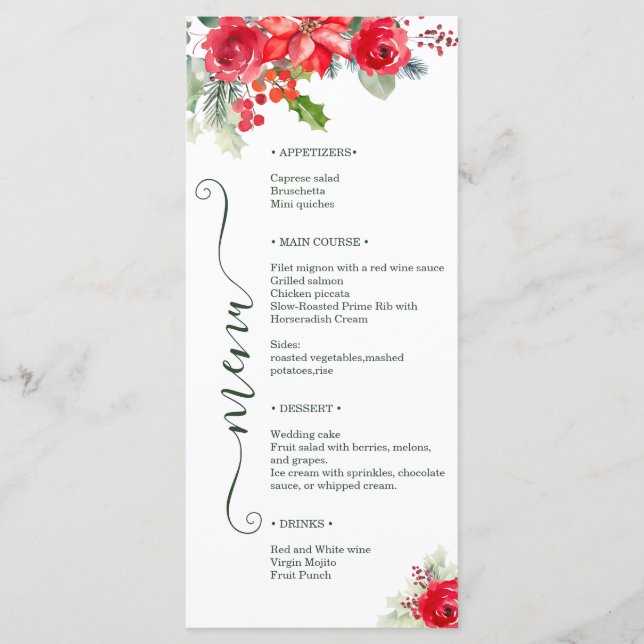 Festive Watercolor Rose Poinsettia Holiday Wedding Menu (Front)