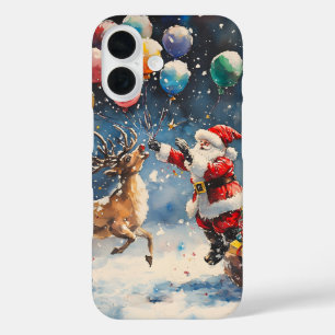Festive Watercolor Santa Reindeer Colorful Balloon iPhone 16 Case