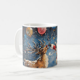 Festive Watercolor Santa Reindeer Colorful Balloon Coffee Mug